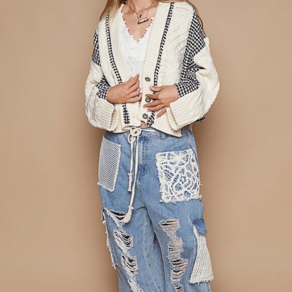 SOLD OUT POL Cable-Knit Plaid V-Neck Cardigan - Cropped Button-Up Sweater - Picture 2 of 9